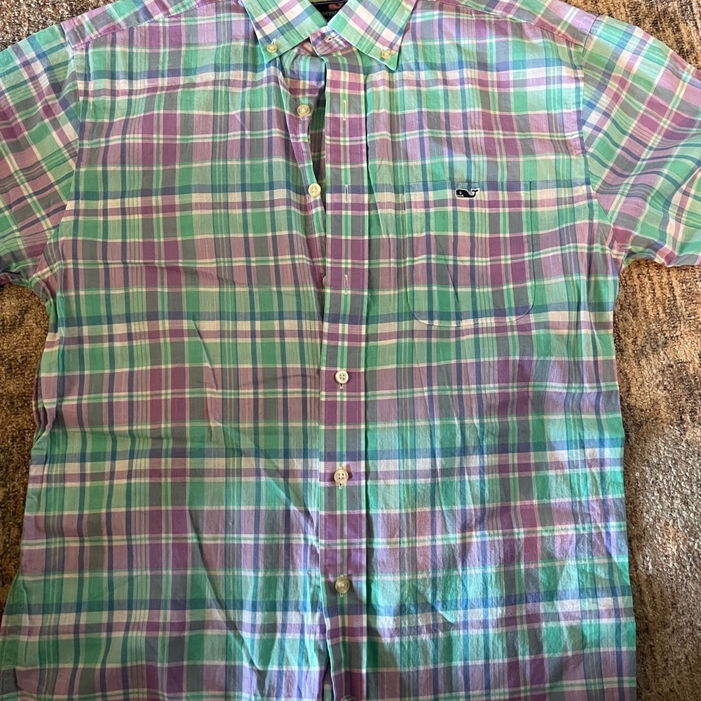Vineyard Vines Men's Casual Plaid Shirt - Purple and Green